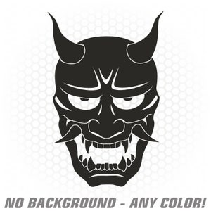 May include: Black and white illustration of a Japanese Oni mask with horns, a wide mouth, and a fierce expression.