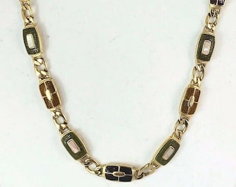 Vintage Signed Monet Gold Tone Necklace Classic Chain Brown Green 15x