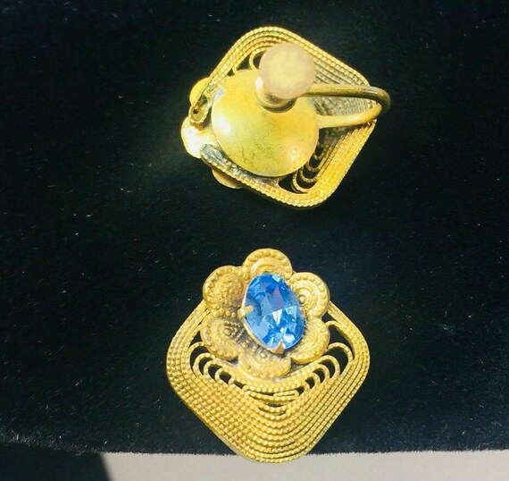 Vintage Earrings Blue Rhinestone Gold Tone Filigr… - image 6