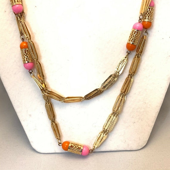 Vintage Gold Tone Double Strand Necklace Pink Ora… - image 4
