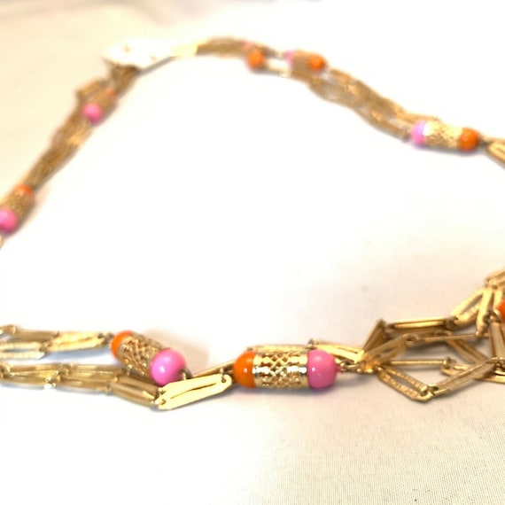 Vintage Gold Tone Double Strand Necklace Pink Ora… - image 5
