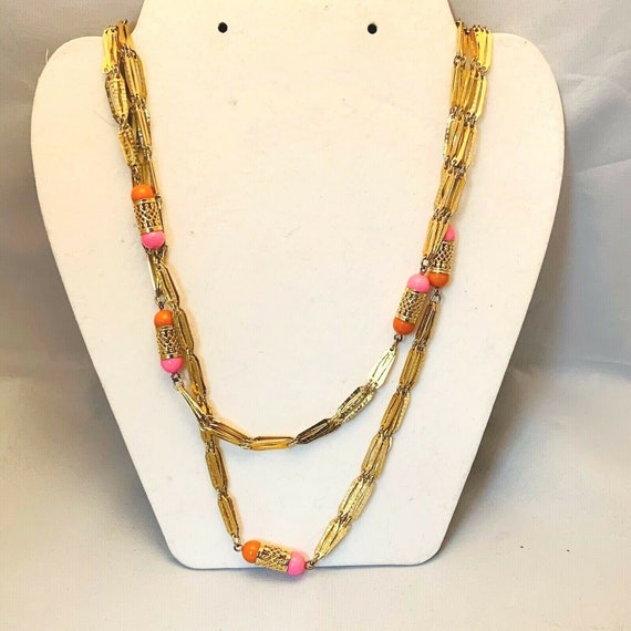 Vintage Gold Tone Double Strand Necklace Pink Ora… - image 1