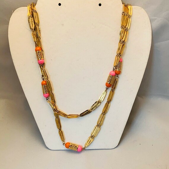Vintage Gold Tone Double Strand Necklace Pink Ora… - image 8