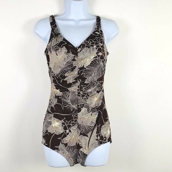 Vintage Womens Bathing Suit Size Small Brown Flor… - image 1