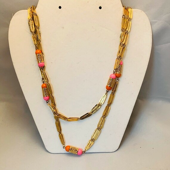 Vintage Gold Tone Double Strand Necklace Pink Ora… - image 7