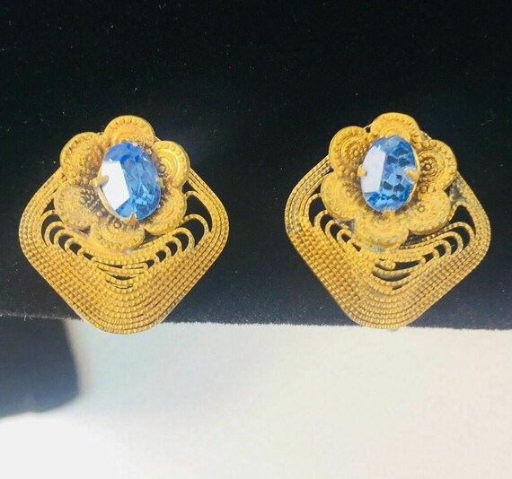 Vintage Earrings Blue Rhinestone Gold Tone Filigr… - image 3