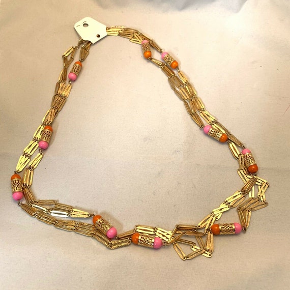 Vintage Gold Tone Double Strand Necklace Pink Ora… - image 2