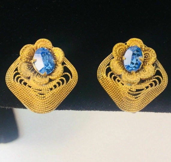 Vintage Earrings Blue Rhinestone Gold Tone Filigr… - image 2