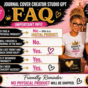 May include: An image promoting a digital product for journal cover design. The image features a woman holding a journal with the words "Faith Focus Future." Text includes "FAQ" and answers to common questions. The product is aimed at Etsy sellers and content creators.