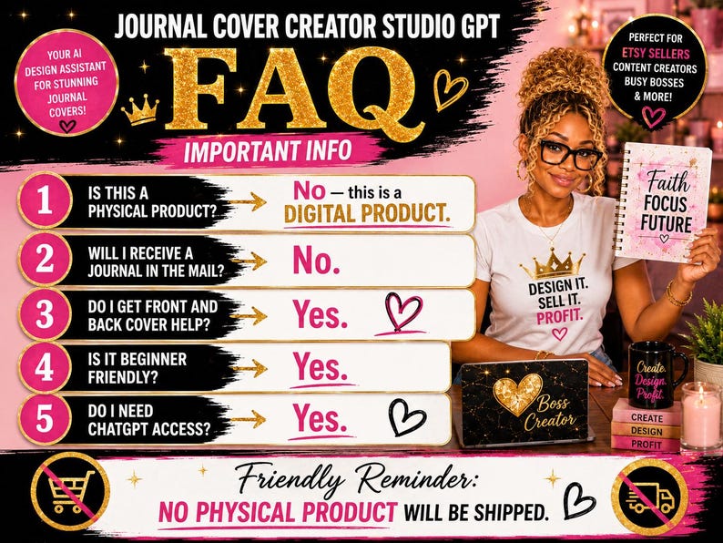 May include: An image promoting a digital product for journal cover design. The image features a woman holding a journal with the words "Faith Focus Future." Text includes "FAQ" and answers to common questions. The product is aimed at Etsy sellers and content creators.