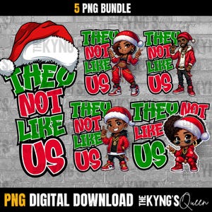 Op de afbeelding: Vijf digitale illustraties met een groen en rood ontwerp met de tekst "They Not Like Us". Elke illustratie toont een ander cartoonpersonage met een kerstmanmuts.