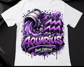 Könnte beinhalten: Weißes T-Shirt mit einem lila Wassermann-Design, einer Grafik mit fließendem Wasser, Sternen und dem Text "Built Different". Das Shirt hat auch den Text "PNG DIGITAL DOWNLOAD" und "ASTROLOGY SIGN PNG".