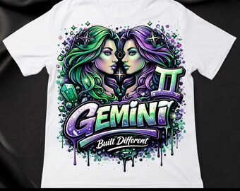 Könnte beinhalten: Weißes T-Shirt mit einem farbenfrohen Gemini-Design. Die Grafik zeigt zwei Frauen mit grünen und lila Haaren, das Gemini-Symbol und den Text "Gemini Built Different". Das Shirt hat auch den Text "Astrology Sign PNG" und "PNG Digital Download".