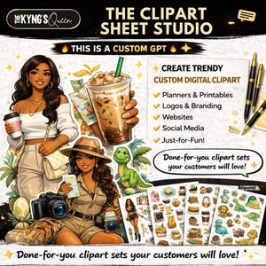 Könnte beinhalten: Werbung für ein digitales Clipart-Studio. Das Bild zeigt Illustrationen von Frauen, Kaffee und einem Dinosaurier. Der Text enthält "Erstelle trendige digitale Cliparts" für Planer, Logos, Websites und soziale Medien. Der Satz "Fertige Clipart-Sets, die Ihre Kunden lieben werden!" ist ebenfalls vorhanden.