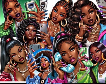 8 PNG Black Girl Phone Clipart | Afro  Sublimation PNG | Urban Art for T-Shirts, Journals, Stickers | Digital Download