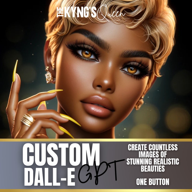 Puede incluir: Una ilustraci&oacute;n digital de una mujer con el pelo corto y rubio, llevando maquillaje y un anillo de oro. El texto "CUSTOM DALL-E GPT" est&aacute; en la esquina inferior izquierda de la imagen. El texto "CREATE COUNTLESS IMAGES OF STUNNING REALISTIC BEAUTIES ONE BUTTON" est&aacute; en la esquina inferior derecha de la imagen.