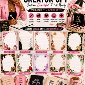 May include: A digital advertisement for a journal page creator service featuring the text The Pretty Paper Studio Journal Page Creator GPT. The image displays various themed stationery designs including floral, animal print, and school motifs.