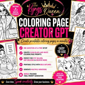 May include: An advertisement for a digital product, featuring a pink and black design. The text promotes a "COLORING PAGE CREATOR GPT" for creating printable coloring pages. Includes illustrations of women and animals, and bullet points highlighting features.