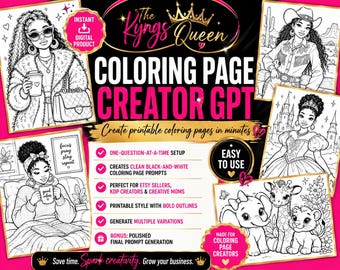 May include: A digital product advertisement with a pink and black theme. The text reads "COLORING PAGE CREATOR GPT" and promotes creating printable coloring pages. Includes illustrations of women and animals, and bullet points highlighting features.