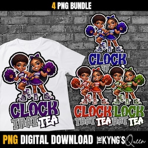 May include: Four digital downloads of cheerleaders with different colored uniforms and pom-poms. The text "Clock That Tea" is on the image.