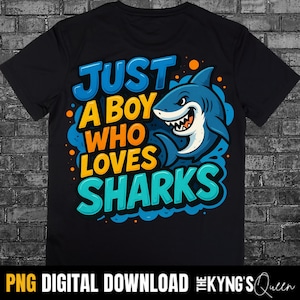 Op de afbeelding: Zwart T-shirt met een blauwe haai-afbeelding en de tekst "Just a boy who loves sharks".