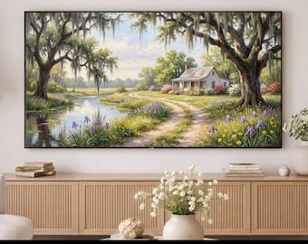 Arte de TV enmarcado / Arte de pantanos de Luisiana / Pintura de paisaje sureño / Escena primaveral de Luisiana / Arte de TV con descarga digital / Decoración de pared para sala de estar