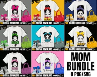 May include: A digital download bundle of eight SVG and PNG files featuring mom-themed designs. The designs include a variety of text and images, such as "Bestie Calls Me Mama", "Super Mama", "One Sassy Mama", "Mama Life", "Mom Is My New Name", "Jesus Lashes & Ripped Jeans", "Mom On Duty", and "Mom Of An Angel".
