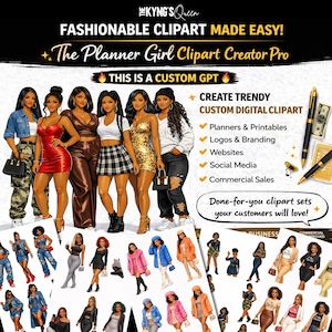 Puede incluir: Imagen de clipart digital con seis mujeres ilustradas con diferentes atuendos elegantes. El texto dice "FASHIONABLE CLIPART MADE EASY!" y "The Planner Girl Clipart Creator Pro." Incluye planificadores, logotipos, sitios web y redes sociales.