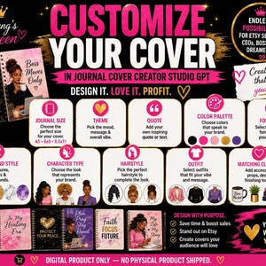 May include: A promotional graphic for a journal cover creator studio. The design features the text "Customize Your Cover" in pink and black, with options for journal size, theme, quote, colour palette, and font style. Sample cover ideas are also shown.