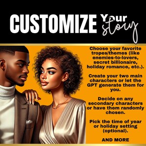 Puede incluir: Una ilustraci&oacute;n digital de una pareja, un hombre y una mujer, con el texto "CUSTOMIZE YOUR STORY" encima de ellos. El texto debajo de la pareja describe c&oacute;mo crear una historia personalizada utilizando una variedad de tropos, personajes y escenarios.