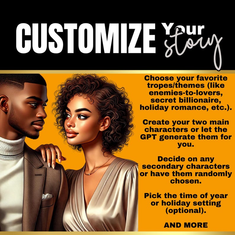 Puede incluir: Una ilustraci&oacute;n digital de una pareja, un hombre y una mujer, con el texto "CUSTOMIZE YOUR STORY" encima de ellos. El texto debajo de la pareja describe c&oacute;mo crear una historia personalizada utilizando una variedad de tropos, personajes y escenarios.