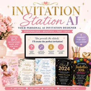May include: A digital display showing the Invitation Station AI interface with text explaining the custom 5x7 invitation creation process. Below the screen are five sample invitation cards for birthdays, weddings, baby showers, and graduations.