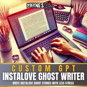 May include: A laptop computer with a blank document open on the screen. The laptop is on a desk with a typewriter, pencils, and a notebook. The text on the screen reads "CUSTOM GPT INSTALOVE GHOST WRITER WRITE INSTALOVE SHORT STORIES WITH LESS STRESS".
