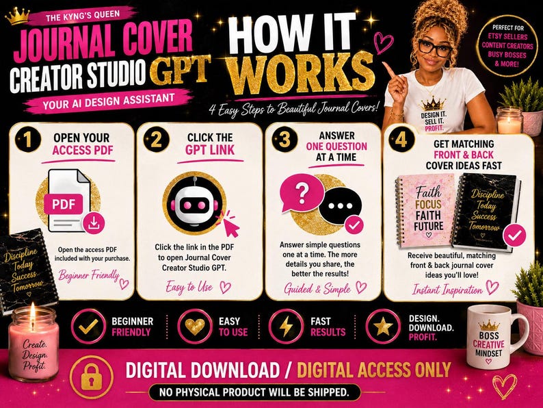 May include: Digital download graphic for a journal cover creator. The image shows a woman and four steps: open PDF, click GPT link, answer questions, and get cover ideas. Includes journal examples, a mug, and a candle.