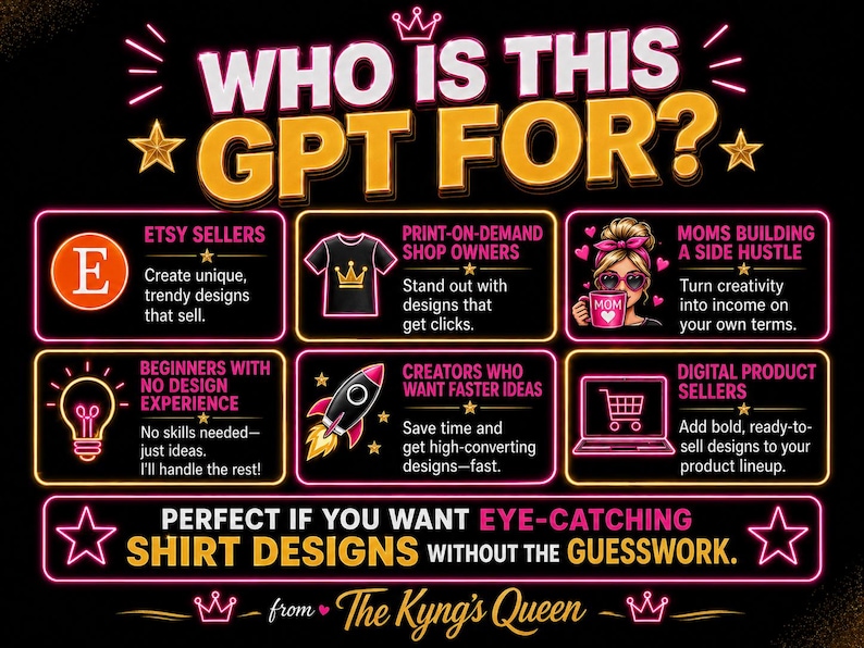 May include: A graphic with the text "WHO IS THIS GPT FOR?" lists Etsy sellers, print-on-demand shop owners, moms building a side hustle, beginners with no design experience, creators who want faster ideas, and digital product sellers. The text also says "PERFECT IF YOU WANT EYE-CATCHING SHIRT DESIGNS WITHOUT THE GUESSWORK."