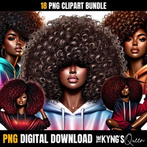 Beautiful Black Girl Png BUNDLE, Black Girl With Afro Clipart, Big Hair Afro Melanin Queen Sublimation Digital Download, 18 FILES