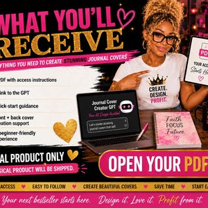 May include: Promotional image for a digital product. A woman holds a tablet and points to a laptop. Text includes "What You'll Receive," "Digital Product Only," and "Open Your PDF." A notebook and a mug are also visible in the image.