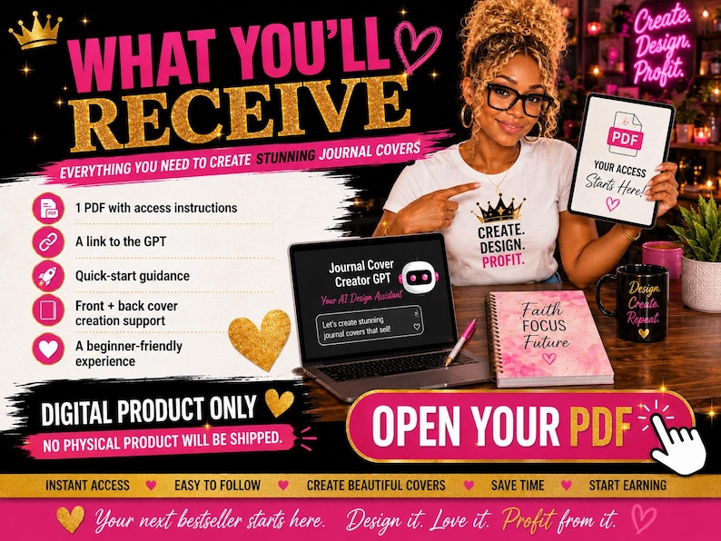May include: Promotional image for a digital product. A woman holds a tablet and points to a laptop. Text includes "What You'll Receive," "Digital Product Only," and "Open Your PDF." A notebook and a mug are also visible in the image.