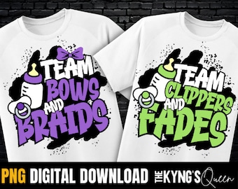 May include: Two white t-shirts with a graphic design on each. The left shirt has a purple design with the text "Team Bows and Braids". The right shirt has a green design with the text "Team Clippers and Fades".