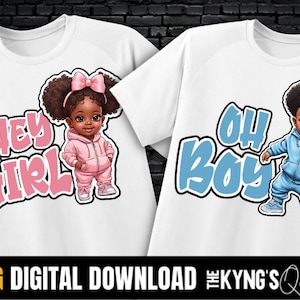 Gender reveal PNG, Hey Girl, Oh Boy, Black Baby gender reveal, 2 PNG BUNDEL, gender reveal bestanden voor shirts, zwangerschap png, Verfspatten