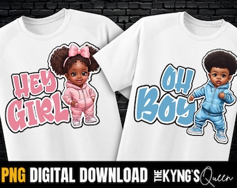 May include: Two white t-shirts with a graphic design. The left shirt has a pink design with the text "Hey Girl" and a cartoon girl wearing a pink tracksuit. The right shirt has a blue design with the text "Oh Boy" and a cartoon boy wearing a blue tracksuit.