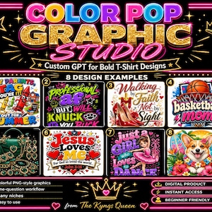Può includere: Annuncio per uno studio di graphic design, "COLOR POP GRAPHIC STUDIO", con esempi di design di t-shirt audaci. L'immagine presenta frasi come "Hey Parents, You're It!" e "Jesus Loves Me". Evidenzia anche funzionalità come grafica PNG colorata e un flusso di lavoro facile.