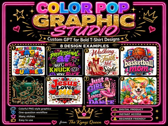 Color Pop Graphic Studio Custom GPT, Bold T-Shirt Design Generator, PNG Style Tee Graphic Ideas, Etsy Seller Tool, POD Design Helper