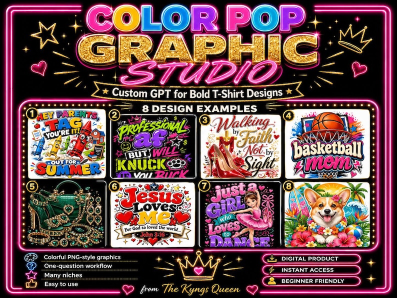 May include: A vibrant graphic design studio advertisement with the text "COLOR POP GRAPHIC STUDIO." It showcases eight t-shirt design examples, including phrases like "Hey Parents, You're It!" and "Basketball Mom." The image also highlights features like colorful PNG graphics.