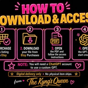 May include: A neon graphic with instructions on how to download and access a digital product. The steps include purchasing on Etsy, downloading the file, opening a PDF, and opening the GPT. Text includes "The Kyng's Queen".