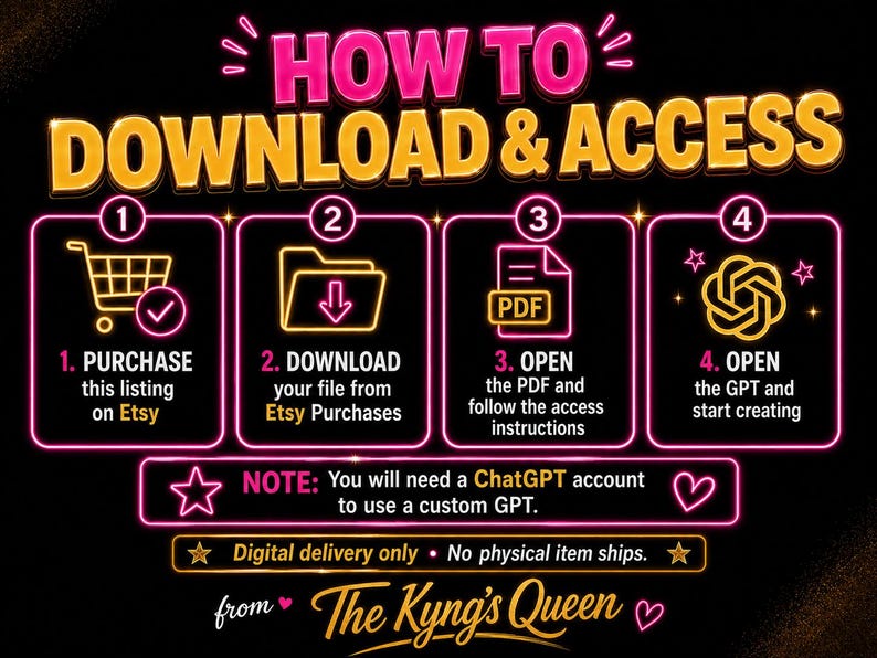 May include: A neon graphic with instructions on how to download and access a digital product. The steps include purchasing on Etsy, downloading the file, opening a PDF, and opening the GPT. Text includes "The Kyng's Queen".