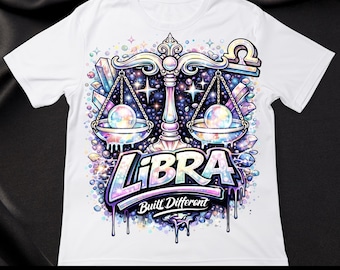 Könnte beinhalten: Weißes T-Shirt mit einem farbenfrohen Waage-Sternzeichen-Design. Das Design zeigt eine Waage, Sterne und das Wort "Libra" mit "Built Different" darunter. Das Shirt trägt auch den Text "ASTROLOGY SIGN PNG" und "PNG DIGITAL DOWNLOAD".