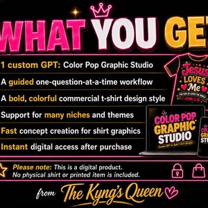May include: A digital product advertisement with the text "WHAT YOU GET" in pink and yellow. The image highlights features of a t-shirt design service, including a custom GPT, guided workflow, and instant access. A t-shirt design with the text "Jesus Loves Me" is also shown.