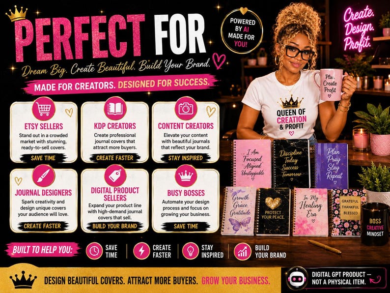 May include: A promotional graphic with the text "PERFECT FOR" and various business-related icons. The image features a woman holding a mug that says "Plan, Create, Profit." The graphic promotes services for Etsy sellers, KDP creators, and content creators, among others. The overall theme is business and design.