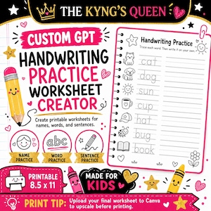 May include: A digital graphic for a custom GPT handwriting practice worksheet creator. The design features a yellow pencil character, a spiral-bound practice page with words like cat and dog, and text including 8.5 x 11 printable size.